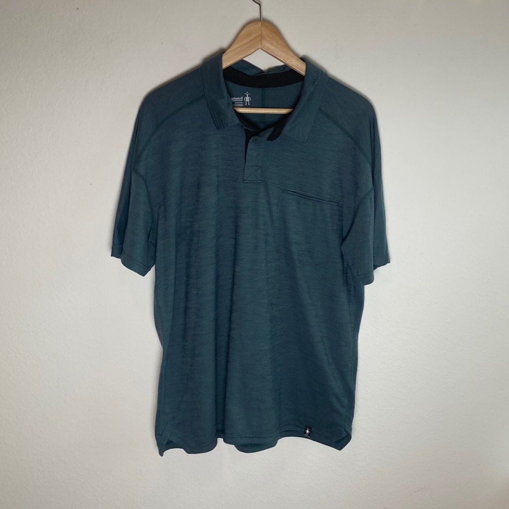 Smartwool Polo Shirt Mens XL Blue Merino Wool Blend Performance Wick Pocket